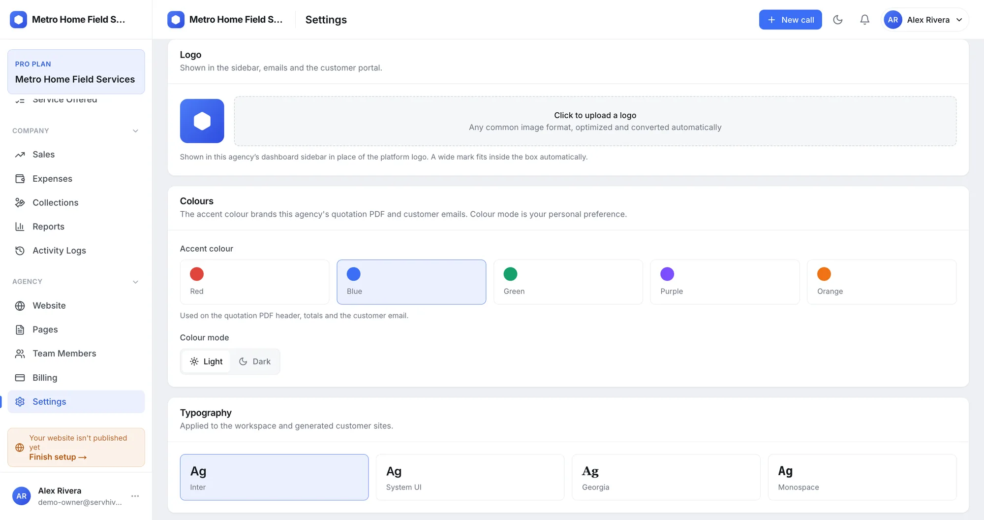 Theme picker with template thumbnails and accent-colour swatches