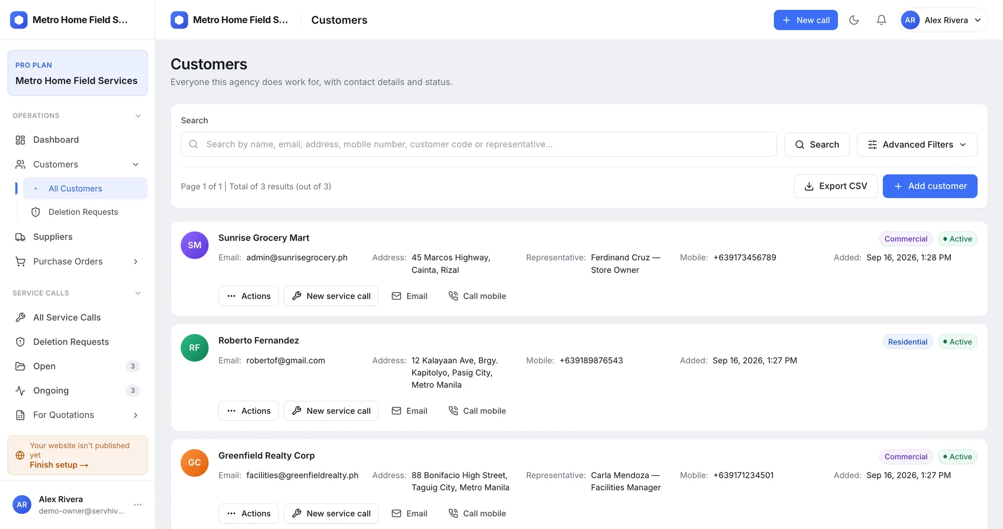 Customer list with a customer detail drawer open