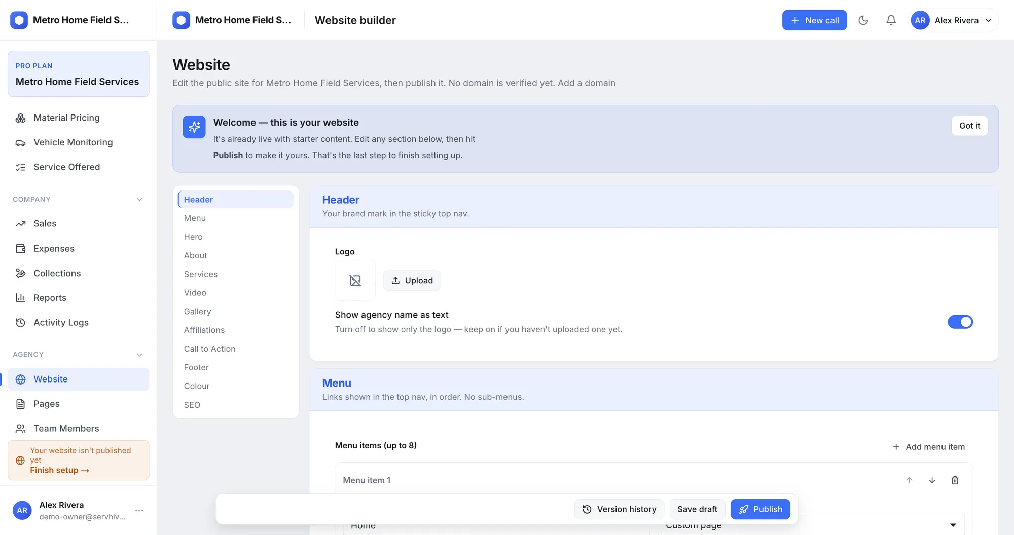 Website builder with a block canvas, a block palette and a settings panel